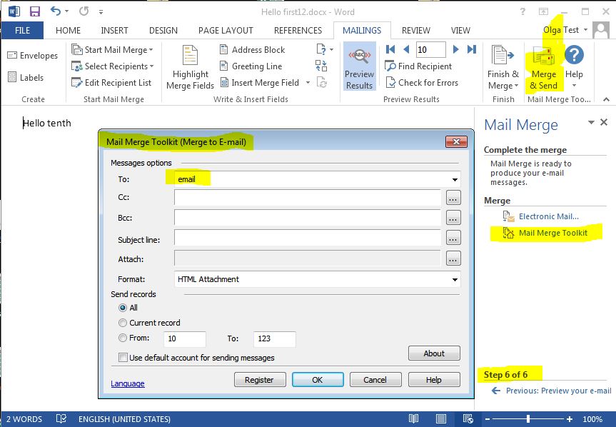 Add attachment in word mail merge